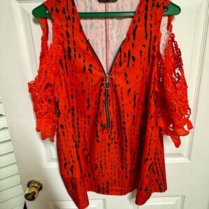 Red Orange Cold-Shoulder Lace Sleeve Top with Front Zip XXL